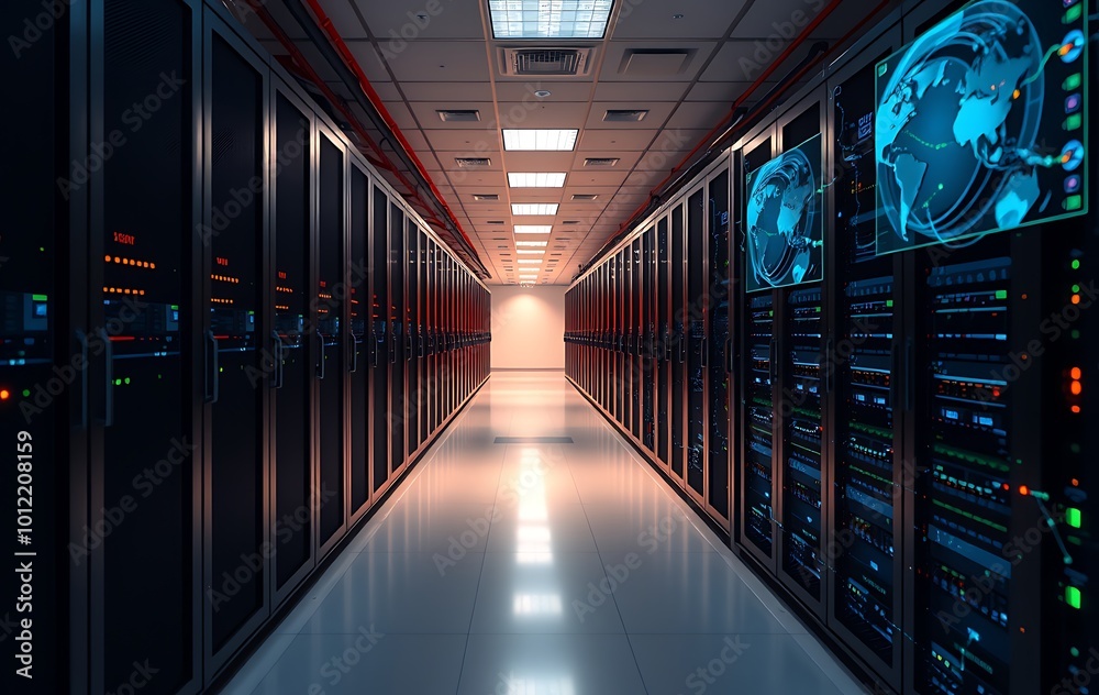 Fototapeta premium Shot of Corridor in Working Data Center Full of Rack Servers and Supercomputers with Internet connection Visualisation Projection