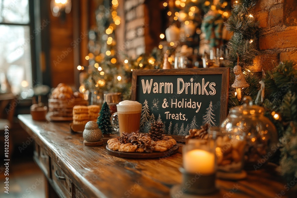 A festive table setting with a chalkboard sign reading 'Warm Drinks & Holiday Treats', featuring a glass of beverage, pastries, and Christmas decorations. A festive table setting with a chalkboard sign reading 'Warm Drinks & Holiday Treats', featuring a glass of beverage, pastries, and Christmas decorations.