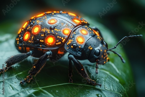 A metallic ladybug with glowing lights on its shell, perched on a green leaf.