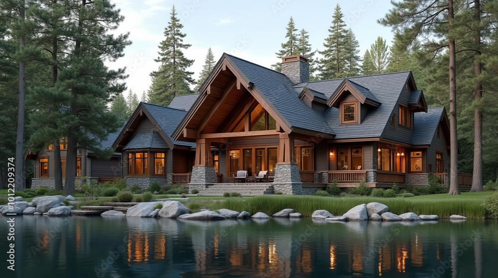 Fototapeta premium Luxurious wooden house reflecting on tranquil lake with mountain view at sunset