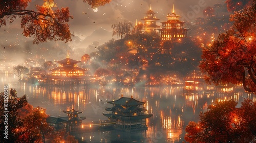 Enchanted Cityscape: Glowing Pagoda on a Misty Lake