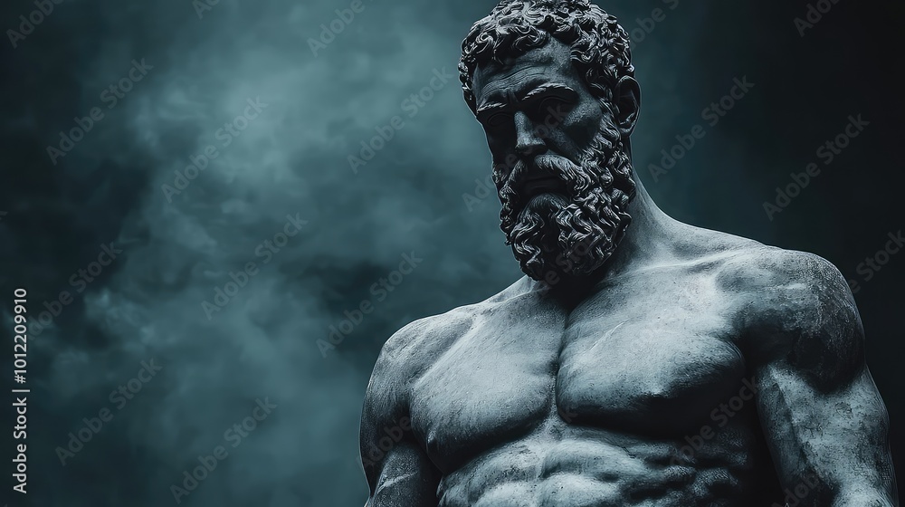 Stoic Greek Man Statue with Muscular Body and Strong Arms, Cinematic Dark Background in 8K Resolution Stoic Greek Man Statue with Muscular Body and Strong Arms, Cinematic Dark Background in 8K Resolution