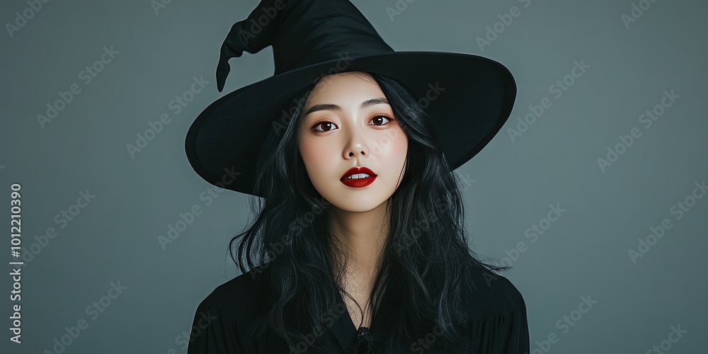 asian woman wearing witch halloween costume, solid background, copy space asian woman wearing witch halloween costume, solid background, copy space