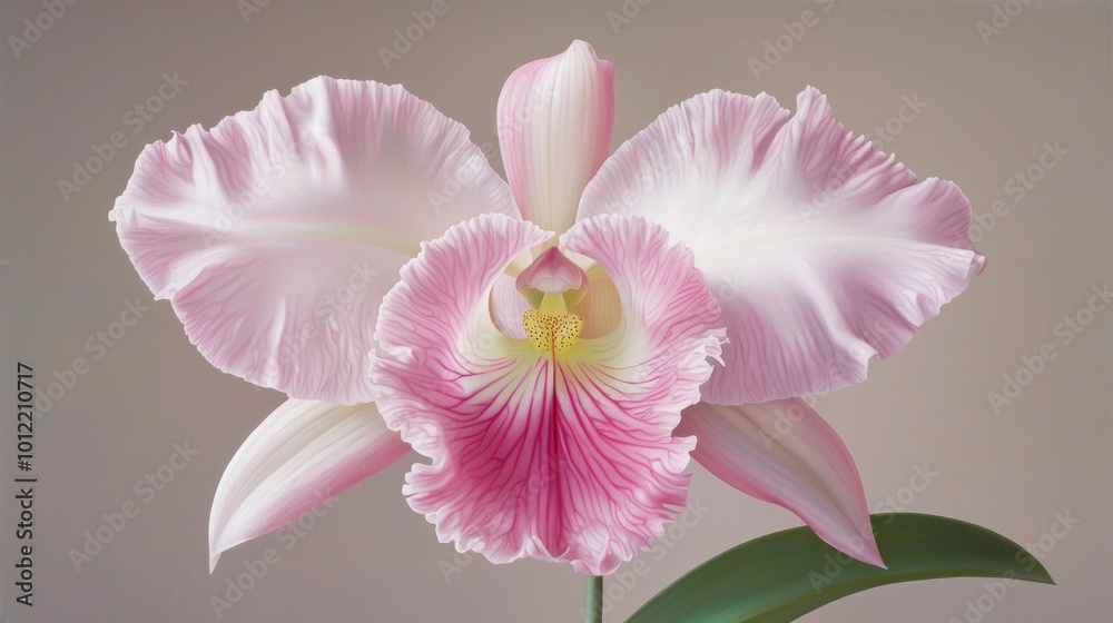 Fototapeta premium Orchid Elegance: Close-Up Macro Shot of Vibrant Multi-Colored Flower with Pink and White Stripes, Symmetry, and Texture Detail