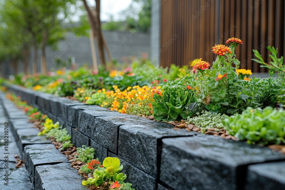 A stone wall with a flower bed in front of it. A stone wall with a flower bed in front of it.