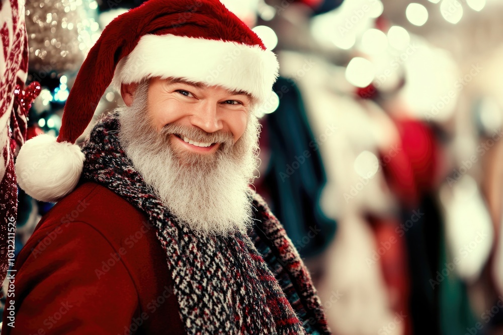 Smiling man in santa hat and scarf enjoying christmas festivities