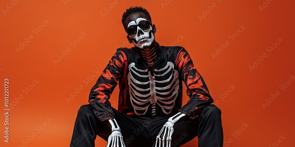 black man wearing skeleton halloween costume, solid background, copy space black man wearing skeleton halloween costume, solid background, copy space