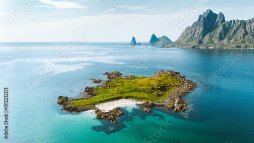 Norway aerial view island and rocks in turquoise sea landscape, travel arctic beautiful destinations Vesteralen scenery scandinavian wild nature summer season