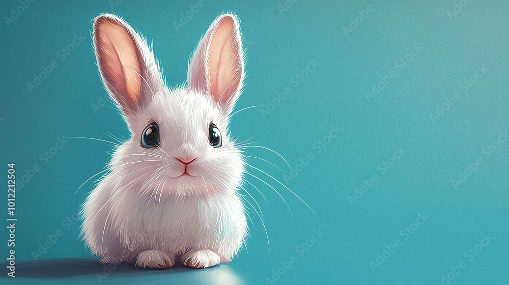 Obraz premium White fluffy bunny posing on a blue background