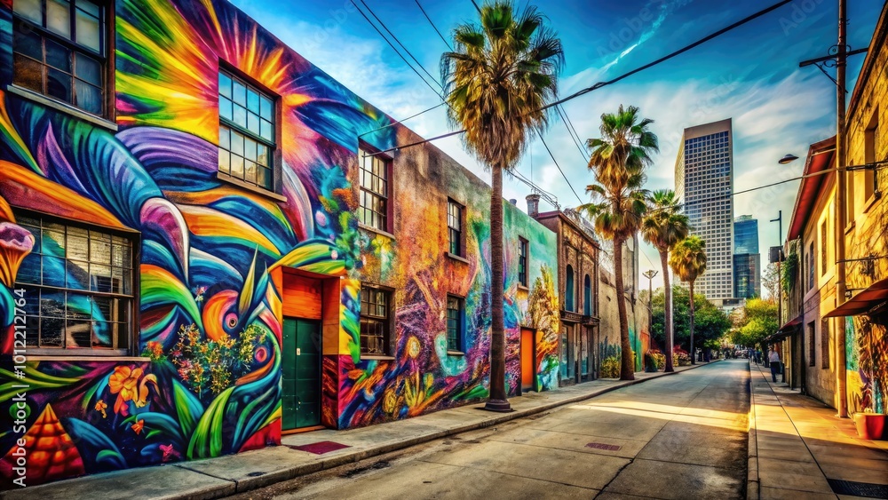 Obraz premium Exploring the Vibrant Urban Alleys of Los Angeles with Colorful Street Art and Unique Architecture