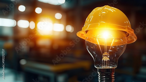 Light bulb wearing a yellow hard hat, bright industrial background.