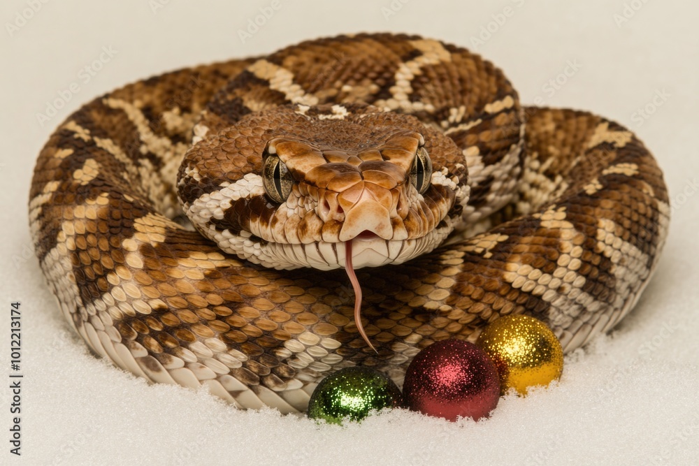 Obraz premium Coiled snake on snow with colorful baubles