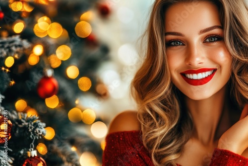 Festive holiday cheer with smiling woman and christmas tree ornaments