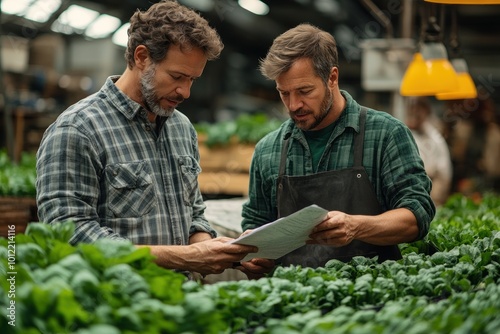 Two men, a farmer and a worker, standing in a greenhouse and checking a clipboard together.