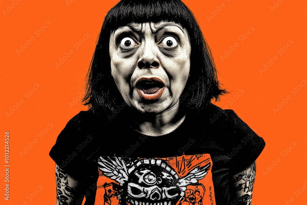 Shocked expression of woman in graphic t-shirt against bold orange background Shocked expression of woman in graphic t-shirt against bold orange background