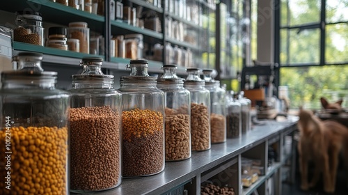 A row of glass jars filled with different kinds of grains and nuts sit on a counter in a store.