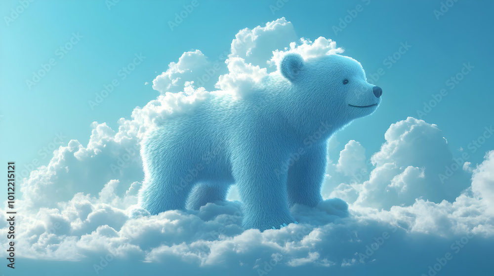 Fototapeta premium Fluffy White Bear Standing on Clouds 3D Illustration
