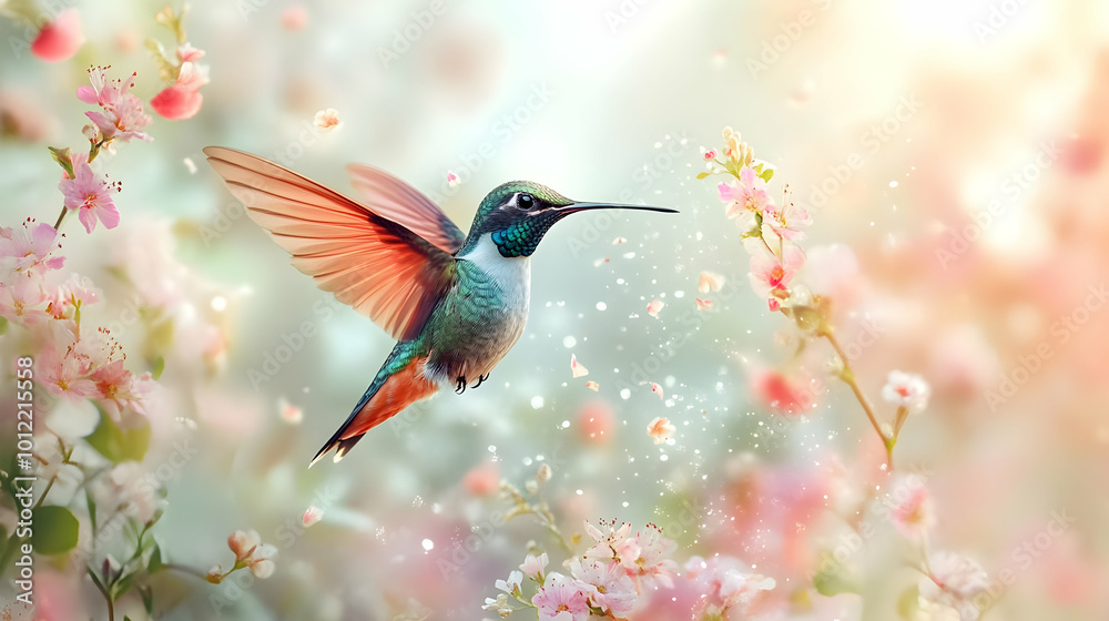 Naklejka premium Hummingbird in Flight with Blooming Flowers Illustration