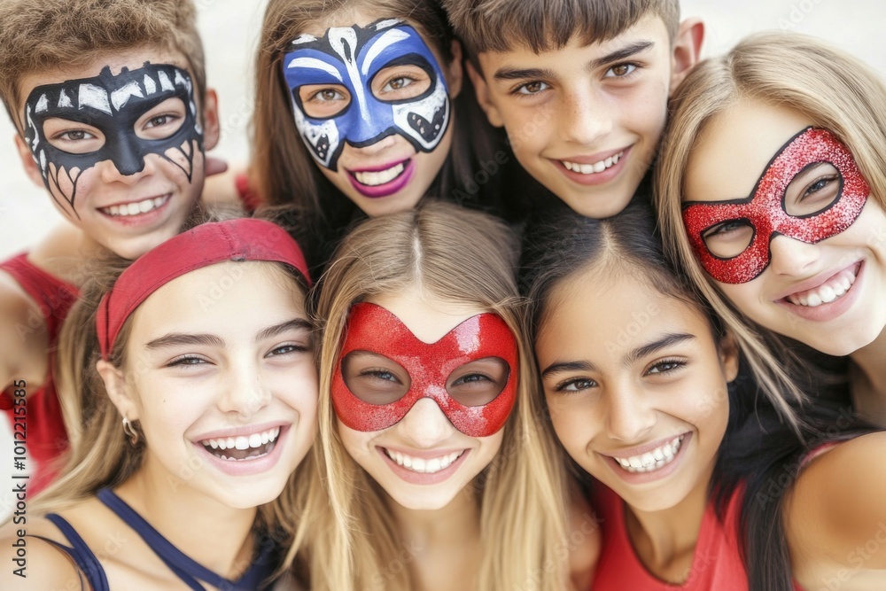 Joyful group of kids in colorful masks celebrating friendship together Joyful group of kids in colorful masks celebrating friendship together