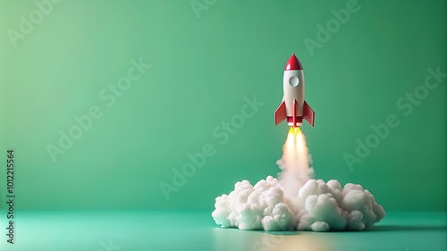 Toy rocket takes spewing smoke on a green background. The symbol for success is Start-up education and knowledge. 3D illustration