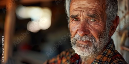 Close-up portrait of an elderly farmer in a plaid shirt, showcasing wrinkles and wisdom, indoors