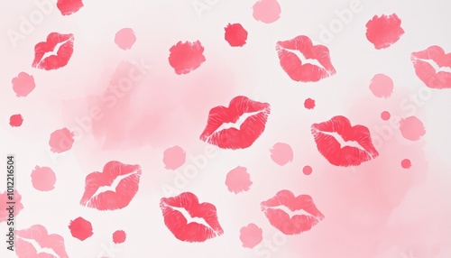 Playful pattern of red lip prints scattered on pink background with copy space