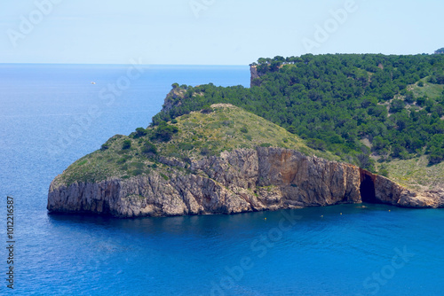 Cala Montgó seen from the Mirador de Punta Montgó, beautiful bay of the Mediterranen Sea near L'Escala, Girona, Catalonia, Costa Brava, Spain