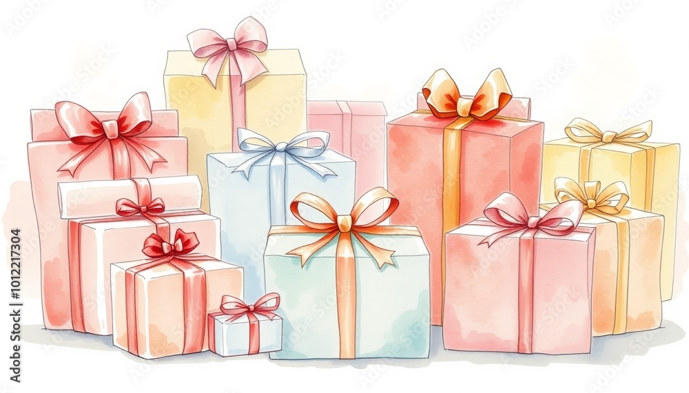 Obraz premium Watercolor pastel gift boxes with ribbons and bows for romantic celebration with copy space