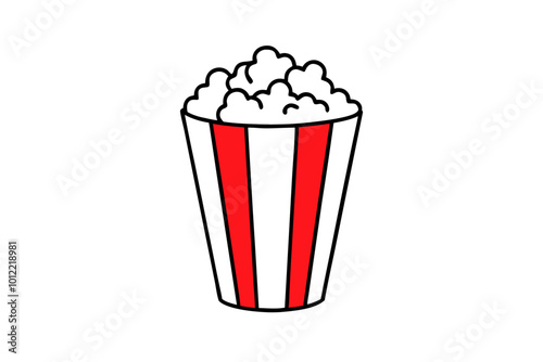   Vector illustration of a red and white cardboard bucket with popcorn line art