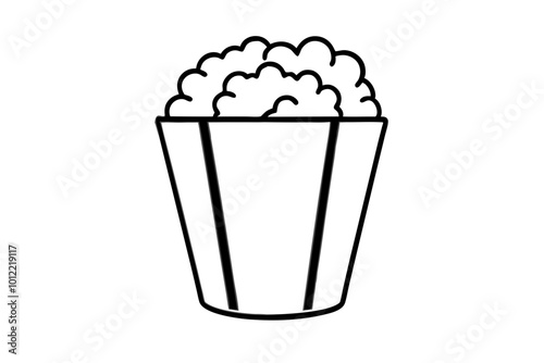   Vector illustration of a red and white cardboard bucket with popcorn line art