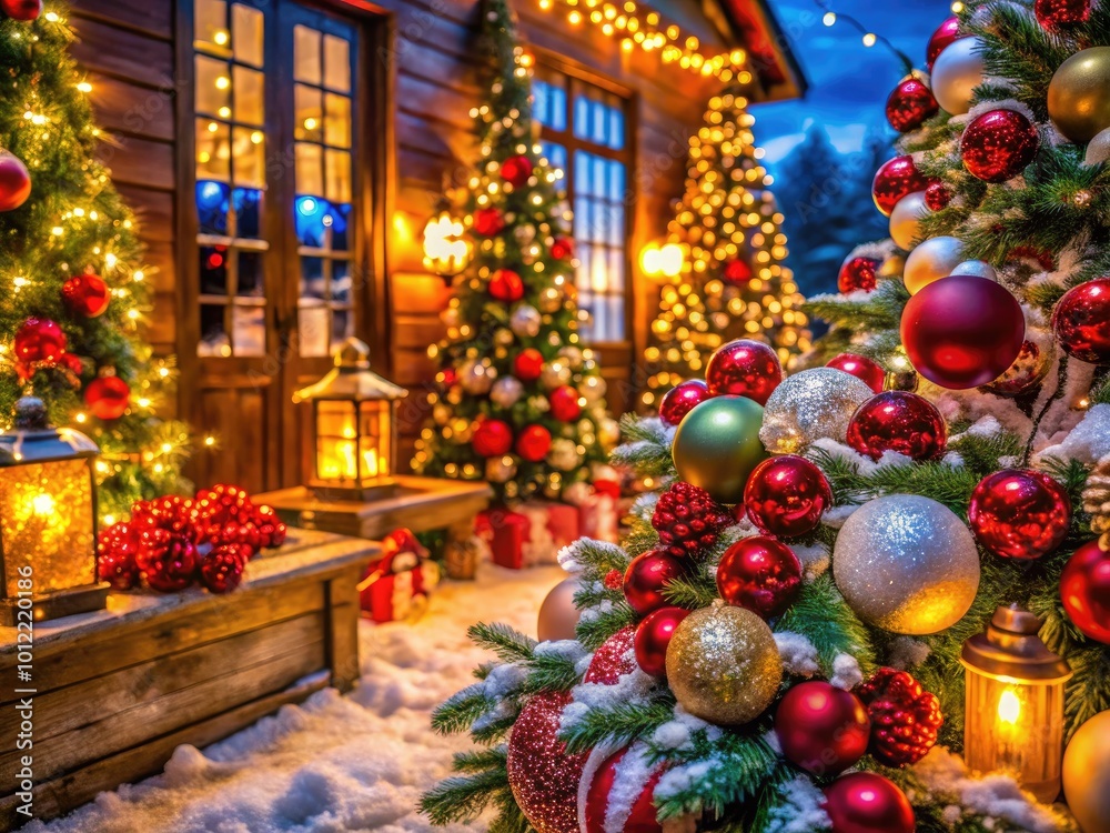 Fototapeta premium Festive Christmas Sets with Ornaments, Lights, and Decor for a Joyful Holiday Celebration Atmosphere