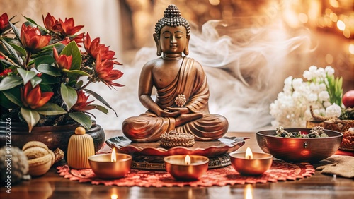 Happy Vesak Day, Buddha Purnima wishes greetings with buddha and lotus illustration. Can be used for poster, banner, logo, background, greetings, print design. abstract illustration design.
