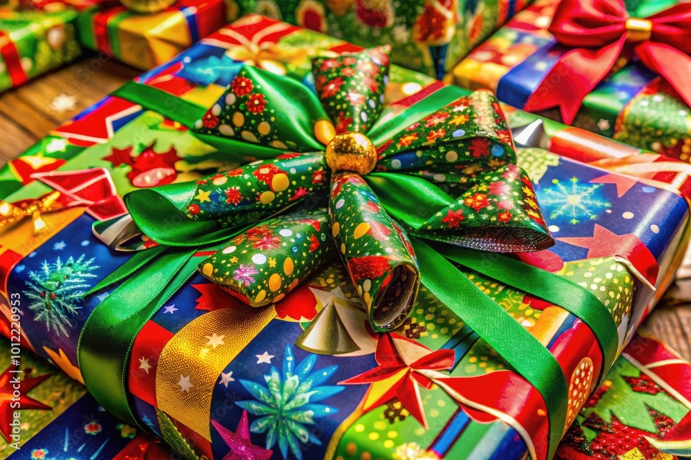 Festive Christmas Wrapping Paper with Colorful Patterns and Ribbons for Holiday Gift Decoration