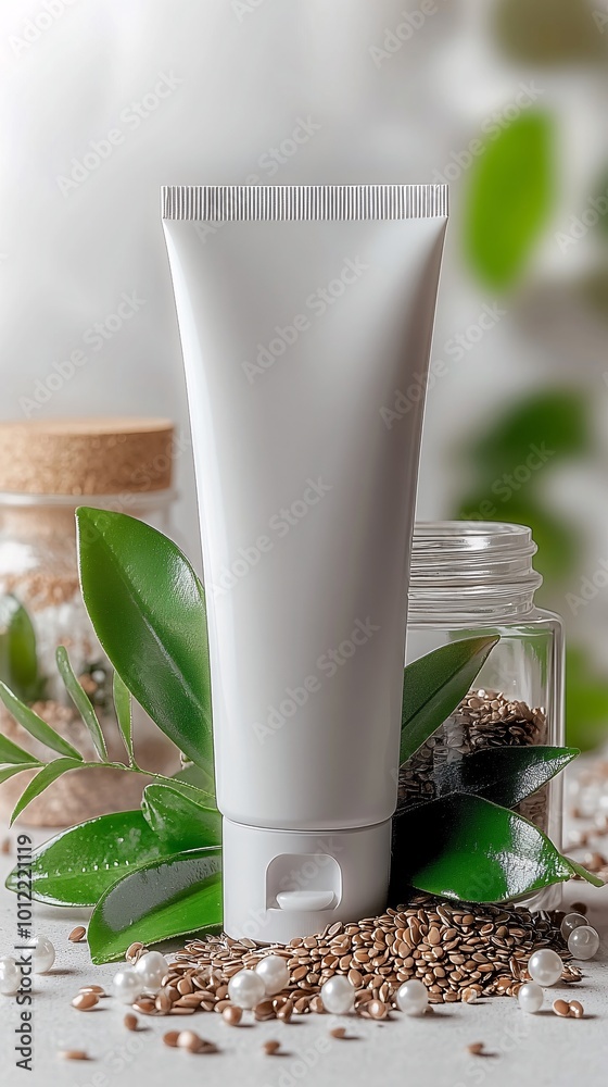 organic toothpaste, white mockup, natural ingredients, sea salt, flax seeds, minimalist bathroom, concrete accents, glass jar, eco-friendly packaging, Canon EOS R5, 80mm macro lens, soft lighting, gen