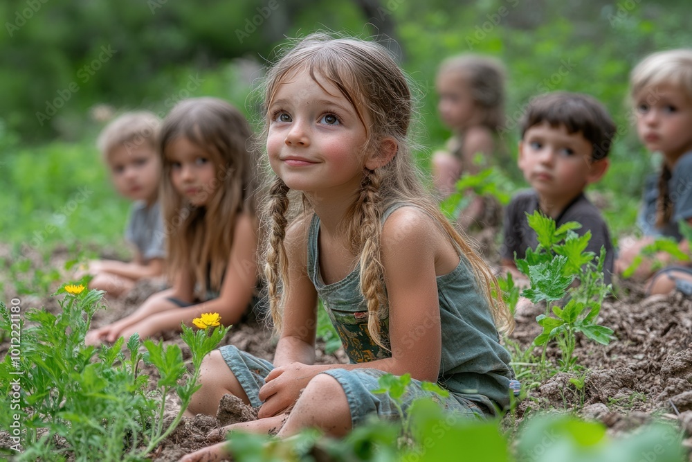 A group of young children sit in a field, looking up with curiosity. A group of young children sit in a field, looking up with curiosity.