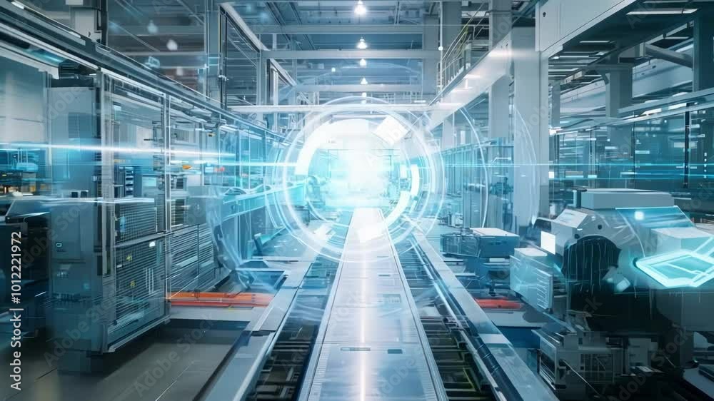 Empty production line with robotic arms and digital icons is representing the concept of innovative engineering in modern industrial facilities