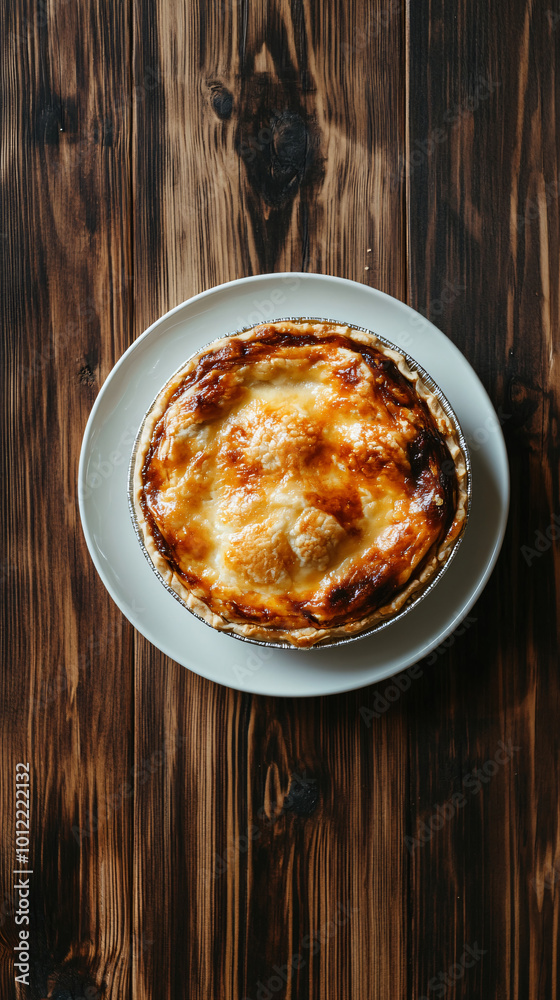 Golden brown crust quiche is displayed on a white plate, resting on a wooden table Golden brown crust quiche is displayed on a white plate, resting on a wooden table