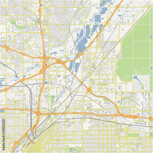 Map of Commerce City in Colorado in a normal road map style. Contains layered vector with roads water, parks, etc.