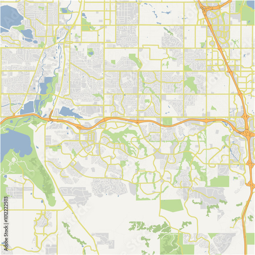 Map of Highlands Ranch in Colorado in a normal road map style. Contains layered vector with roads water, parks, etc.