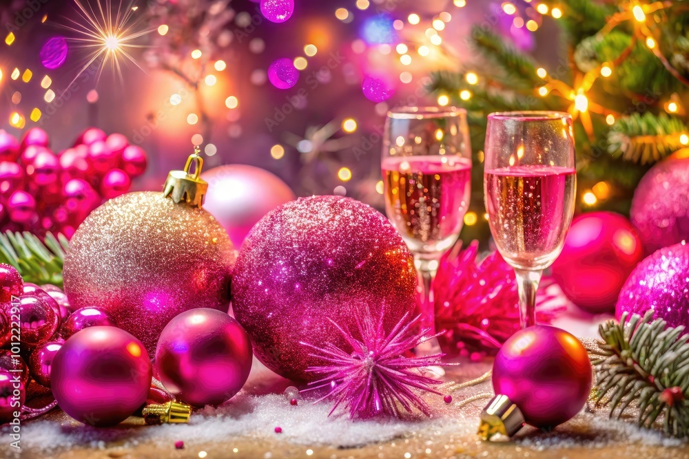Festive Pink Happy New Year Celebration with Sparkles and Bubbly Design Elements for 2024 Festive Pink Happy New Year Celebration with Sparkles and Bubbly Design Elements for 2024