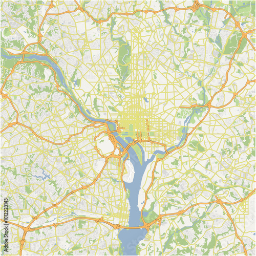 Map of Washington Metro in District of Columbia in a normal road map style. Contains layered vector with roads water, parks, etc.