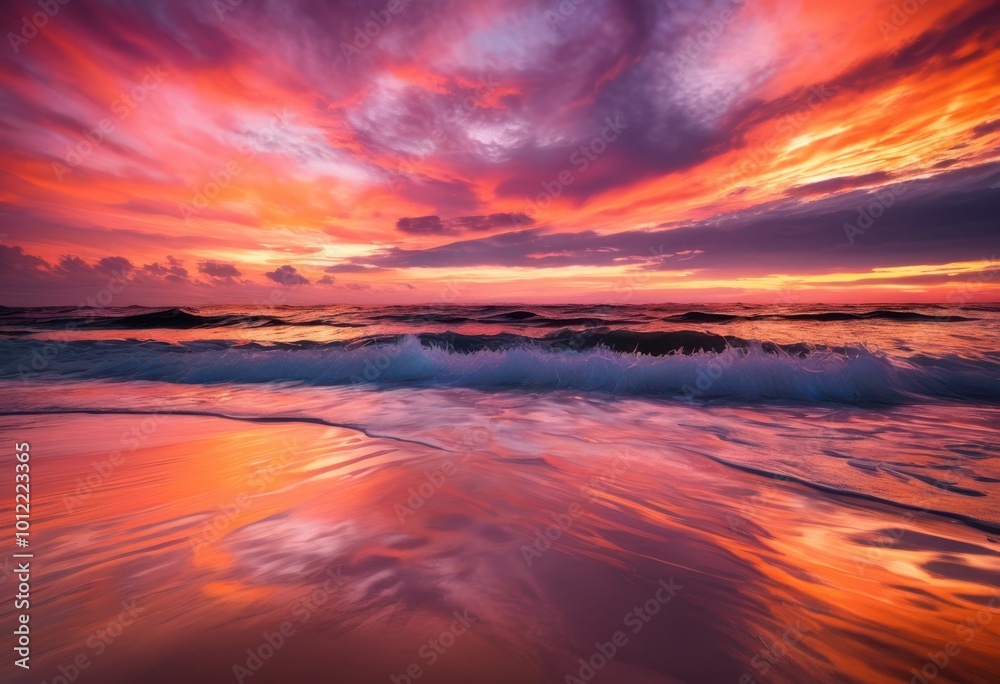 breathtaking sunset over calm ocean waves vibrant colors serene atmosphere captured stunning visuals, sky, view, nature, beauty, landscape, clouds, horizon
