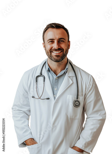 Smiling male doctor in a white coat with stethoscope poses confidently agains...