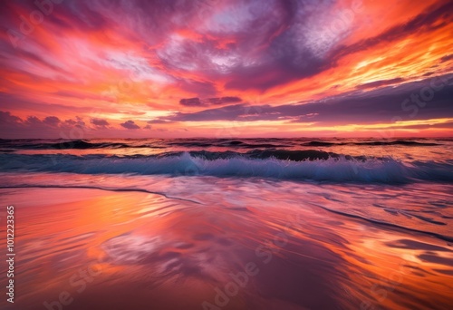 breathtaking sunset over calm ocean waves vibrant colors serene atmosphere captured stunning visuals, sky, view, nature, beauty, landscape, clouds, horizon