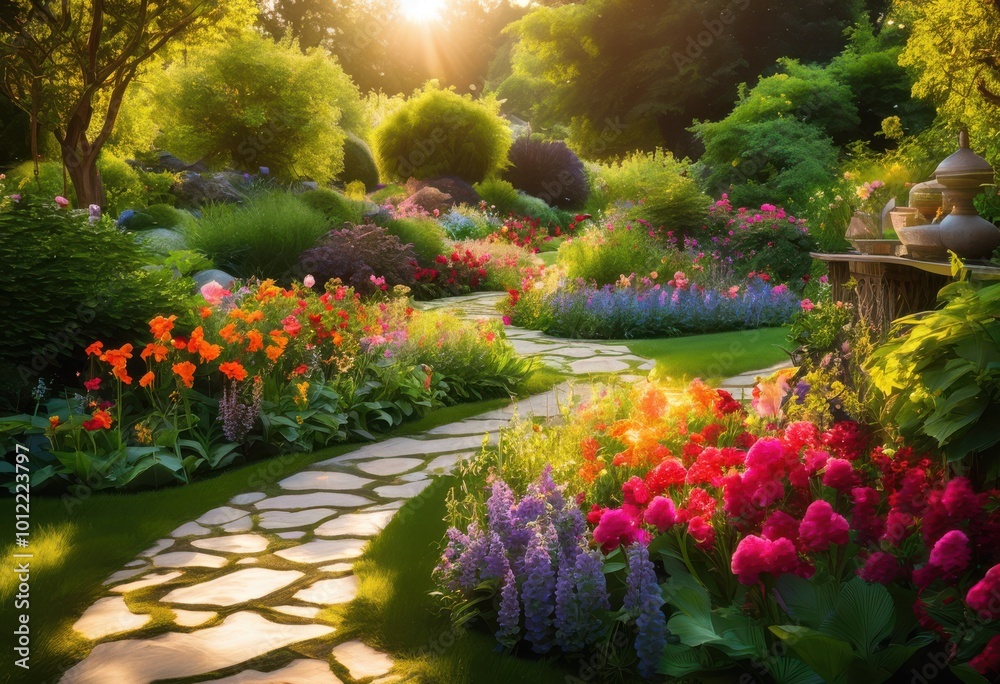 Obraz premium vibrant garden paths enclosed lush greenery colorful plant arrangements inviting guests explore beauty, pathway, plants, flowers, landscape, nature