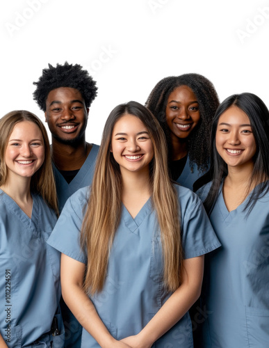 Group of diverse female healthcare professionals smiling together in a well-l...