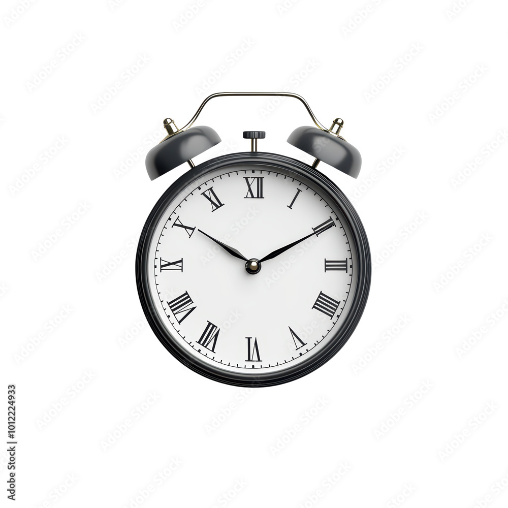 Classic black alarm clock with Roman numerals, isolated on a white background. isolated on transparent background. Classic black alarm clock with Roman numerals, isolated on a white background. isolated on transparent background.