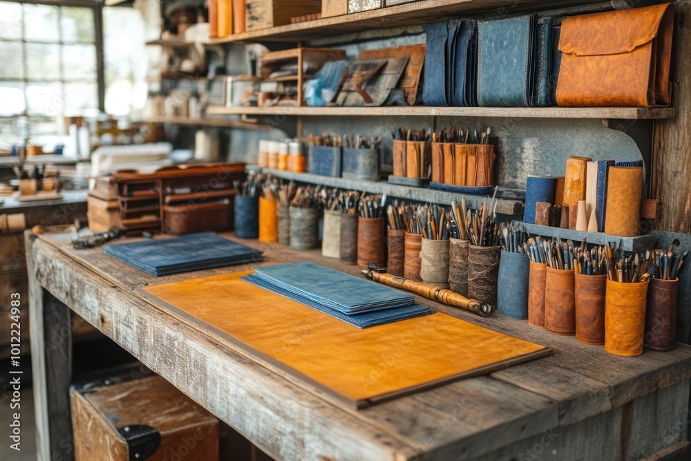 A workbench with leather working tools, materials, and finished products. A workbench with leather working tools, materials, and finished products.