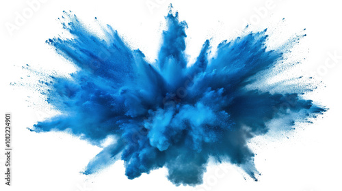 Bright blue explosion of powder creating dynamic cloud effects in a clear bac...