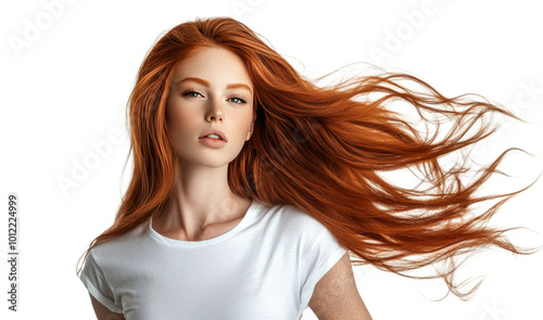 A young woman with vibrant red hair poses gracefully against a simple background